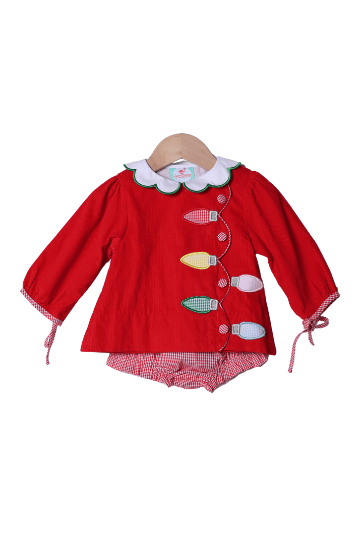 The Smocked Flamingo Apparel & Accessories Applique Christmas Lights  Red Corduroy Bloomer Set