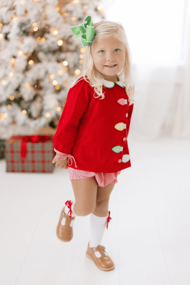 The Smocked Flamingo Apparel & Accessories Applique Christmas Lights  Red Corduroy Bloomer Set
