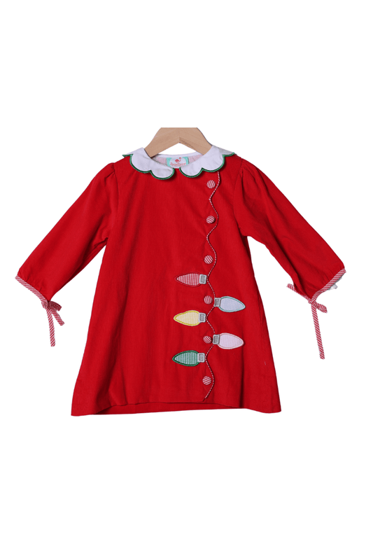 The Smocked Flamingo Apparel & Accessories Applique Christmas Lights  Red Corduroy Dress