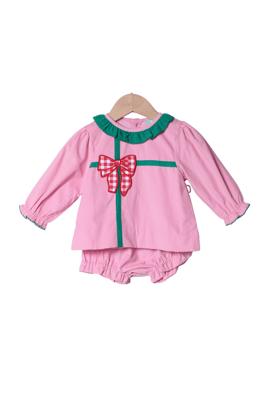The Smocked Flamingo Apparel & Accessories Applique Christmas Present Pink Corduroy Bloomer Set