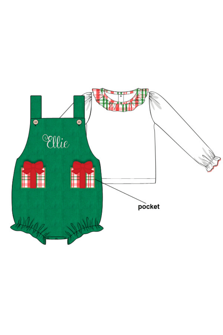 The Smocked Flamingo Apparel & Accessories Applique Christmas Present Plaid/Green Corduroy 2pc Bubble