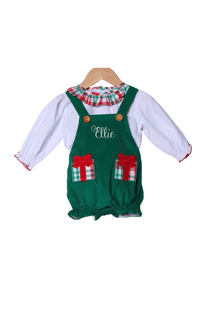 The Smocked Flamingo Apparel & Accessories Applique Christmas Present Plaid/Green Corduroy 2pc Bubble