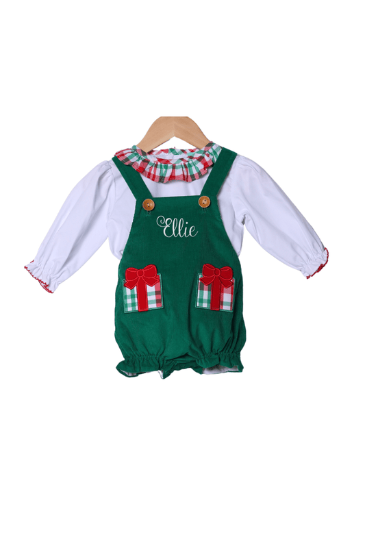 The Smocked Flamingo Apparel & Accessories Applique Christmas Present Plaid/Green Corduroy 2pc Bubble