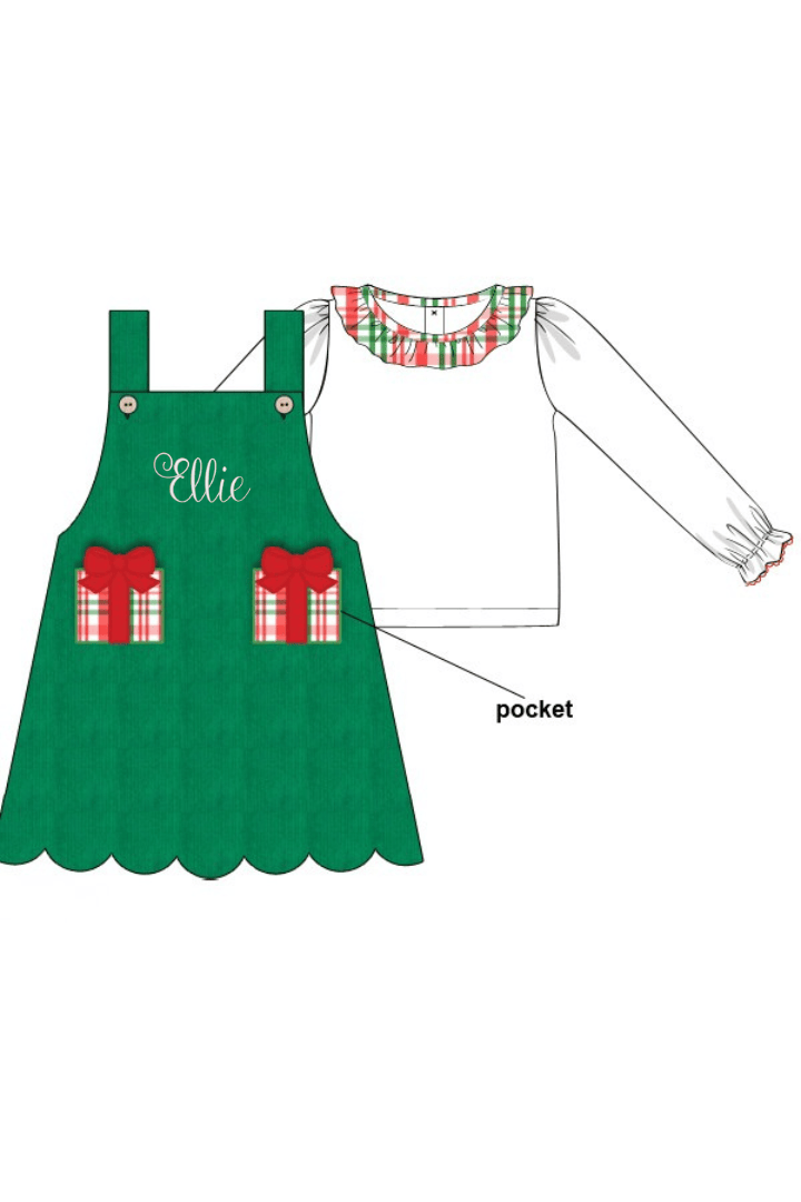 The Smocked Flamingo Apparel & Accessories Applique Christmas Present Plaid/Green Corduroy 2pc Dress