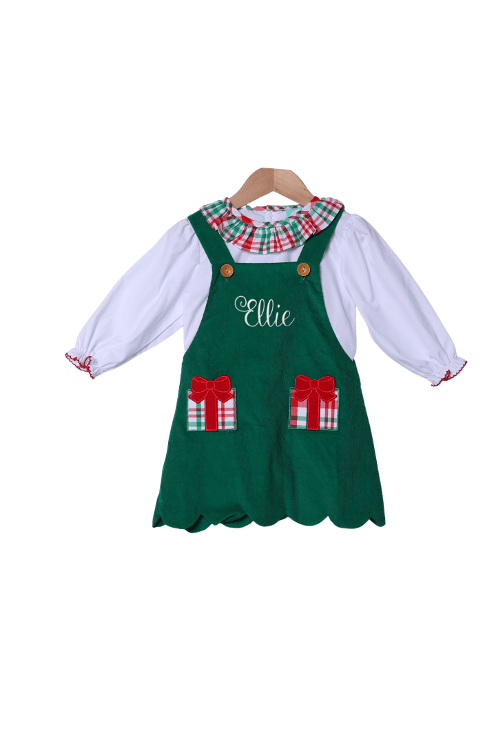 The Smocked Flamingo Apparel & Accessories Applique Christmas Present Plaid/Green Corduroy 2pc Dress