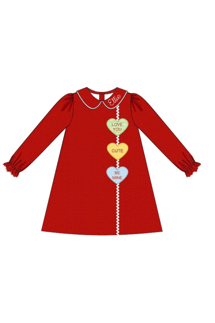 The Smocked Flamingo Apparel & Accessories Applique Conversation Heart Red Honeycomb Dress