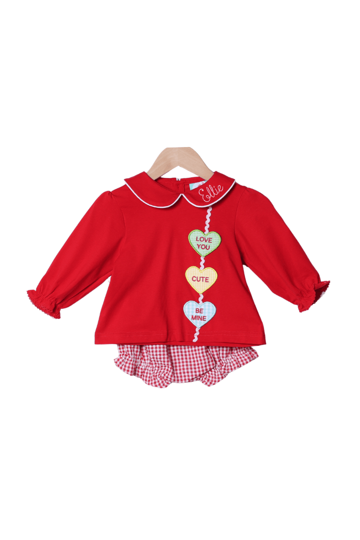 The Smocked Flamingo Apparel & Accessories Applique Conversation Heart Red Knit Bloomer Set