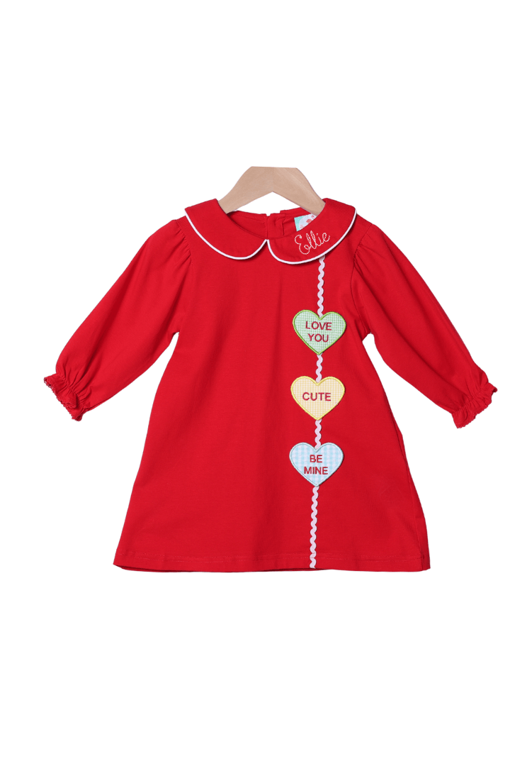 The Smocked Flamingo Apparel & Accessories Applique Conversation Heart Red Knit Dress