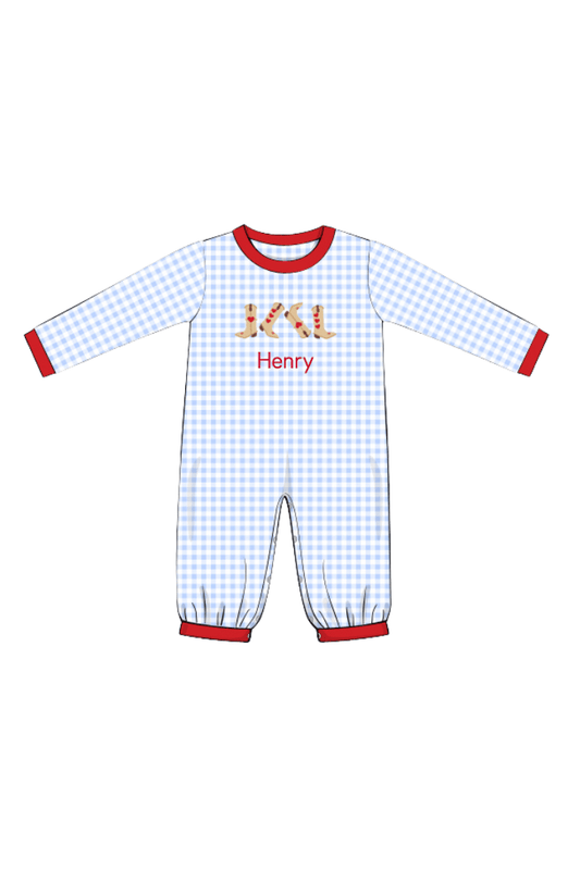 The Smocked Flamingo Apparel & Accessories Applique Cowboy Boots Blue Gingham Romper
