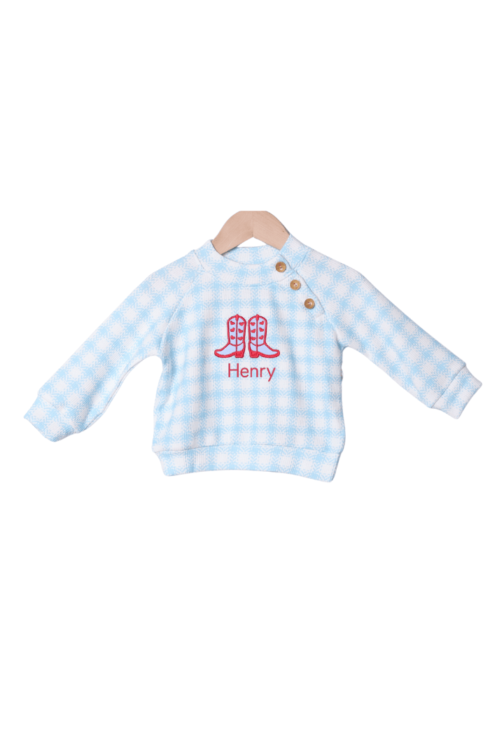 The Smocked Flamingo Apparel & Accessories Applique Cowboy Cupid Blue Gingham Cardigan Pullover