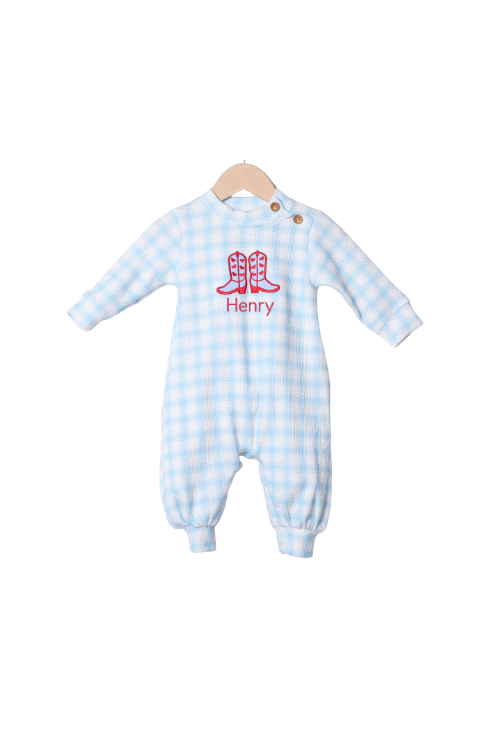 The Smocked Flamingo Apparel & Accessories Applique Cowboy Cupid Blue Gingham Cardigan Romper