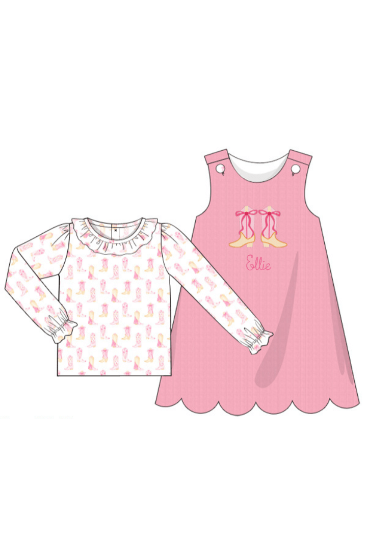 The Smocked Flamingo Apparel & Accessories Applique Cowgirl Boots Pink Corduroy Dress