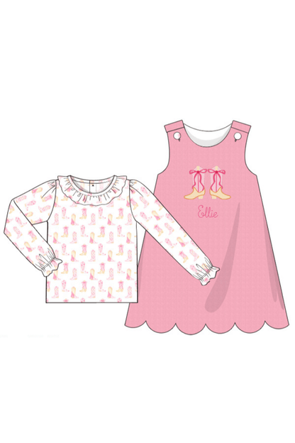 The Smocked Flamingo Apparel & Accessories Applique Cowgirl Boots Pink Corduroy Dress