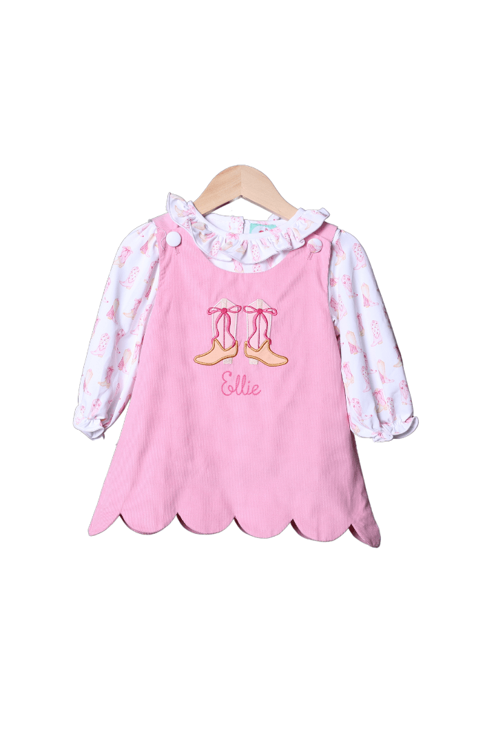 The Smocked Flamingo Apparel & Accessories Applique Cowgirl Boots Pink Corduroy Dress