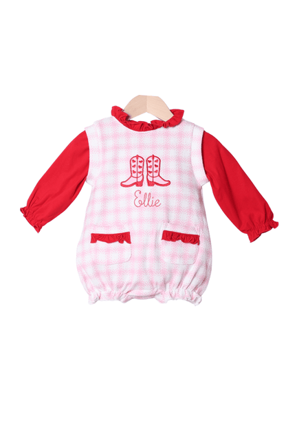 The Smocked Flamingo Apparel & Accessories Applique Cowgirl Cupid Pink Gingham Cardigan 2PS Bubble