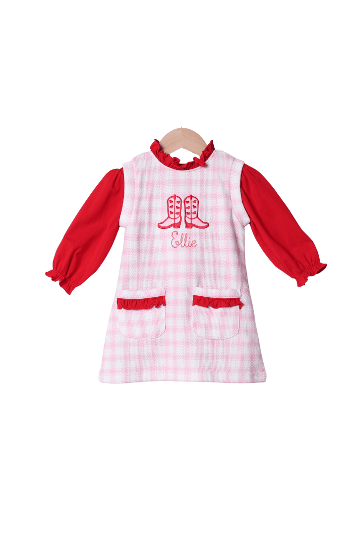 The Smocked Flamingo Apparel & Accessories Applique Cowgirl Cupid Pink Gingham Cardigan 2PS Dress