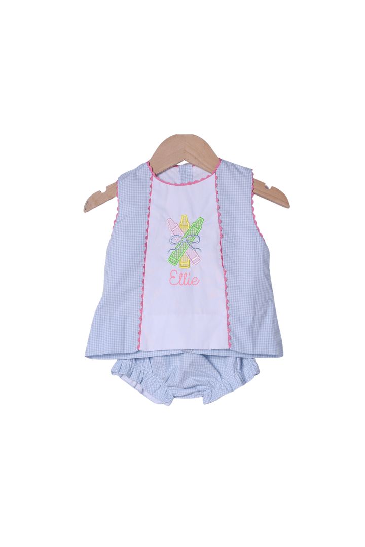 The Smocked Flamingo Apparel & Accessories Applique Crayon Blue Gingham Bloomer Set