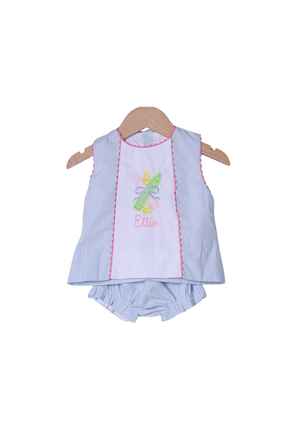 The Smocked Flamingo Apparel & Accessories Applique Crayon Blue Gingham Bloomer Set