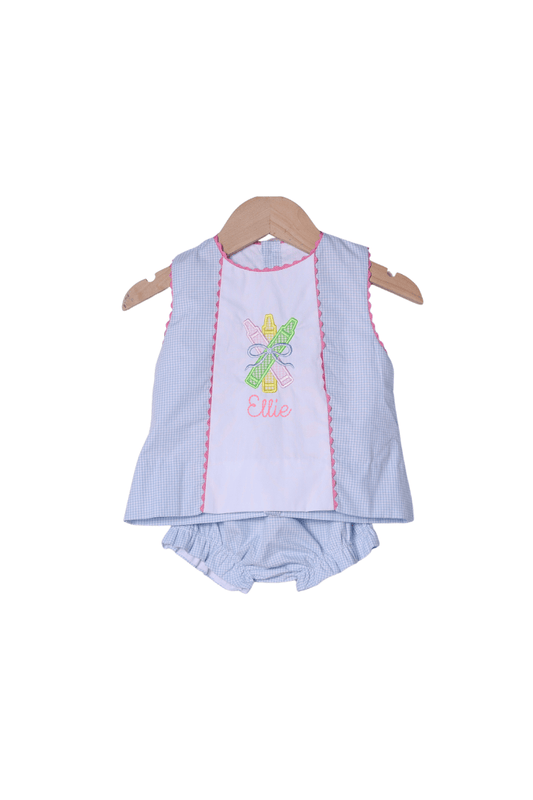 The Smocked Flamingo Apparel & Accessories Applique Crayon Blue Gingham Bloomer Set