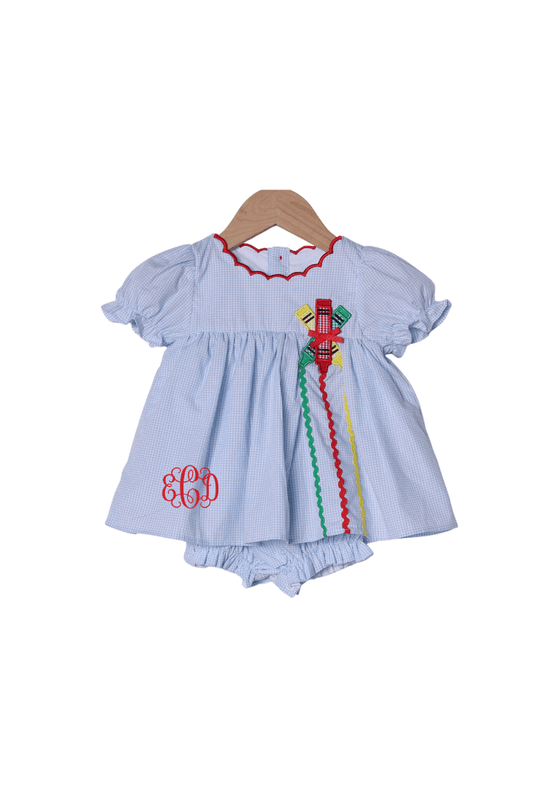 The Smocked Flamingo Apparel & Accessories Applique Crayon Blue Gingham Skirted Bubble