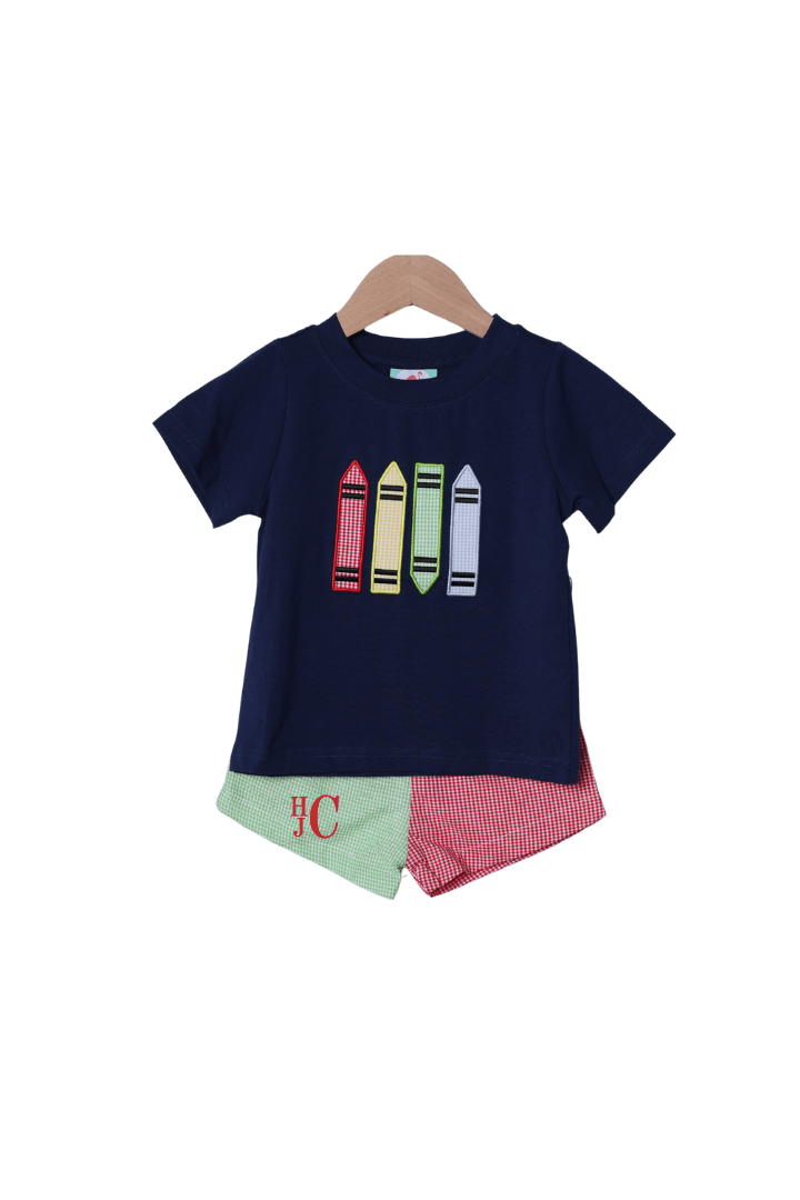 The Smocked Flamingo Apparel & Accessories Applique Crayons Color Block Gingham Short Set