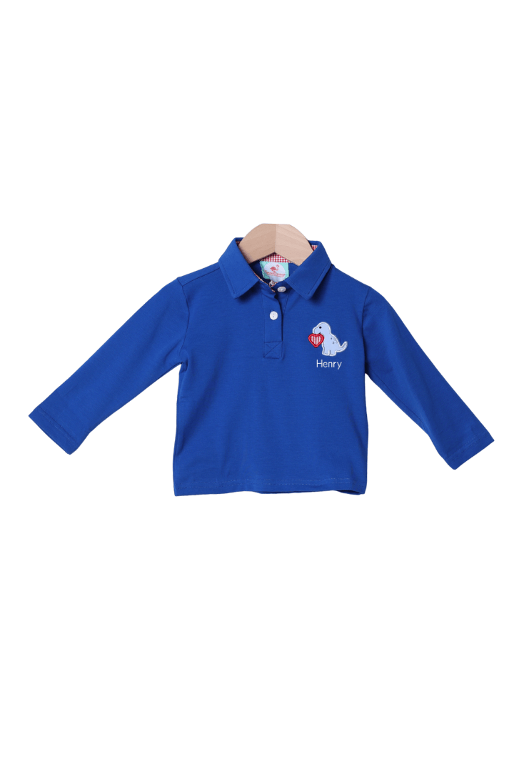 The Smocked Flamingo Apparel & Accessories Applique Dino Love Blue Polo Shirt