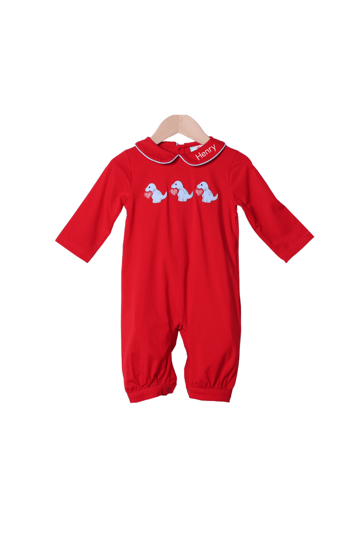 The Smocked Flamingo Apparel & Accessories Applique Dino Love Red Knit Romper