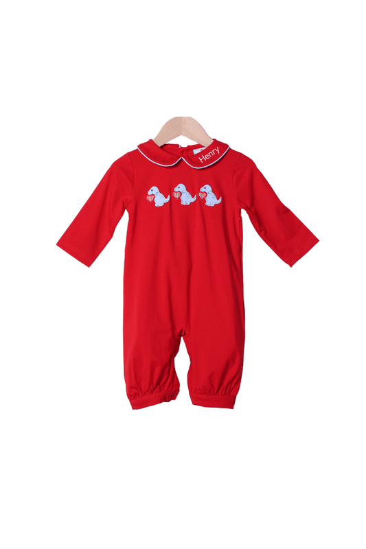 The Smocked Flamingo Apparel & Accessories Applique Dino Love Red Knit Romper