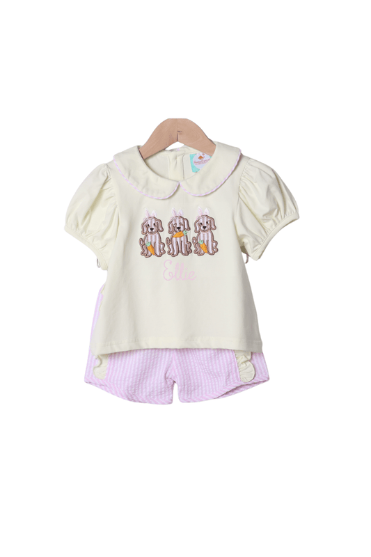 The Smocked Flamingo Apparel & Accessories Applique Easter Puppy Pink Seersucker Short Set