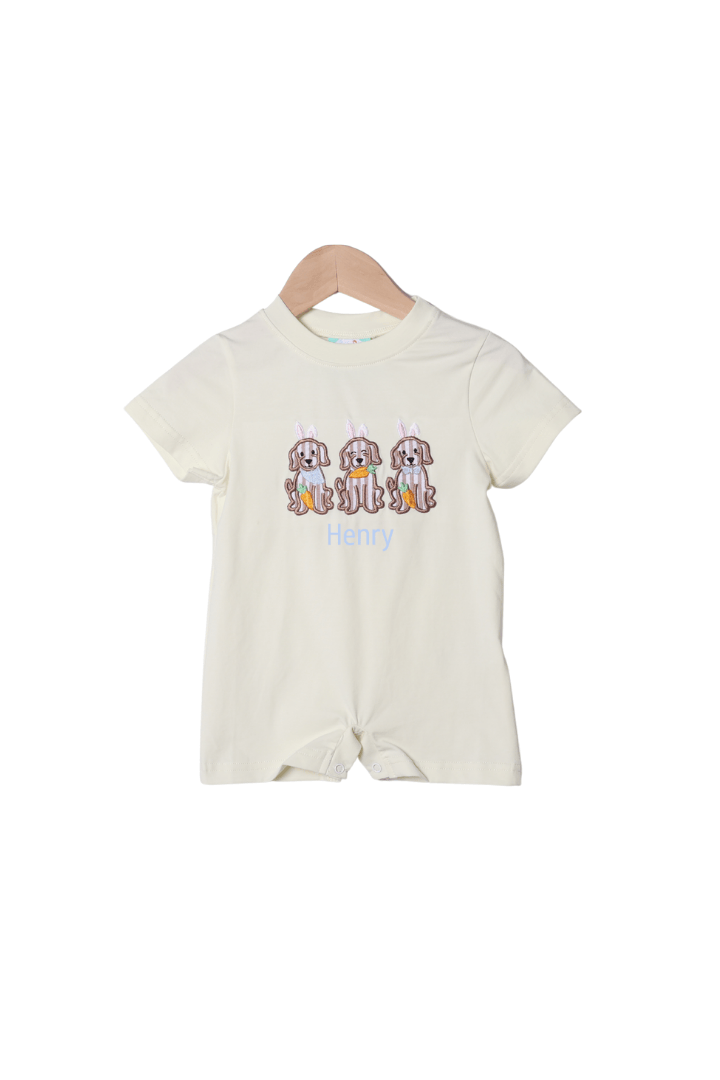 The Smocked Flamingo Apparel & Accessories Applique Easter Puppy Yellow Knit Romper