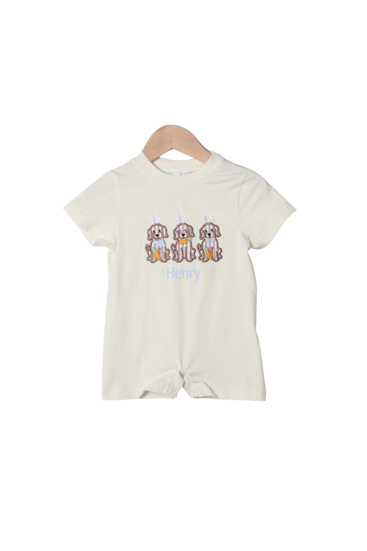 The Smocked Flamingo Apparel & Accessories Applique Easter Puppy Yellow Knit Romper