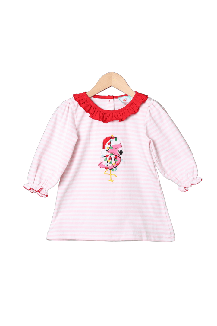 The Smocked Flamingo Apparel & Accessories Applique Festive Flamingo Pink Stripe Knit Dress