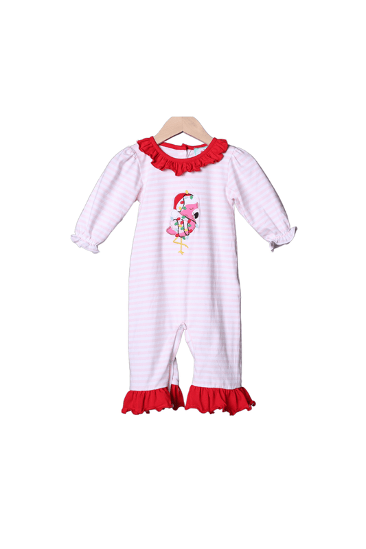 The Smocked Flamingo Apparel & Accessories Applique Festive Flamingo Pink Stripe Knit Romper