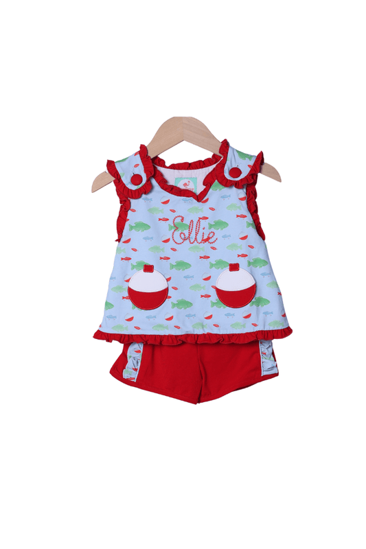 The Smocked Flamingo Apparel & Accessories Applique Fishing Bobber Red Short Set