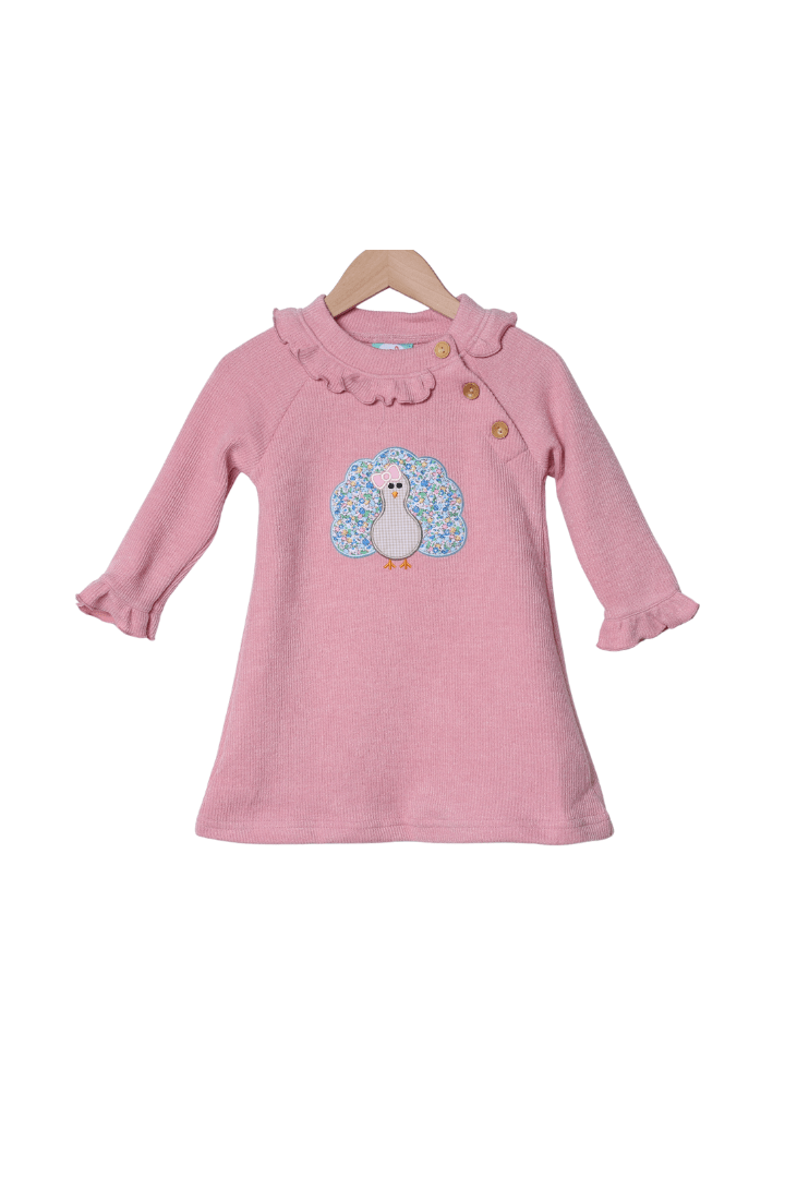 The Smocked Flamingo Apparel & Accessories Applique Floral Turkey Pink Cardigan Ruffle Dress