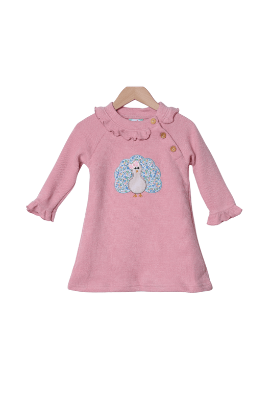 The Smocked Flamingo Apparel & Accessories Applique Floral Turkey Pink Cardigan Ruffle Dress