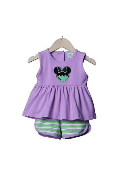 The Smocked Flamingo Apparel & Accessories Applique Frankentein Mouse Purple Short Set