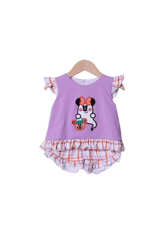 The Smocked Flamingo Apparel & Accessories Applique Ghost Mouse Lavender Short Set