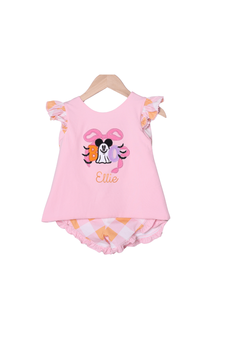 The Smocked Flamingo Apparel & Accessories Applique Ghost Mouse Pink Plaid Bow Short Set