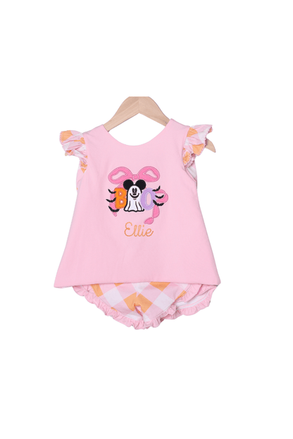 The Smocked Flamingo Apparel & Accessories Applique Ghost Mouse Pink Plaid Bow Short Set