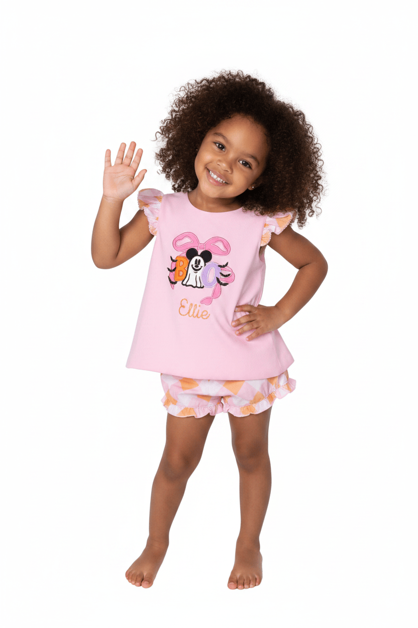 The Smocked Flamingo Apparel & Accessories Applique Ghost Mouse Pink Plaid Bow Short Set