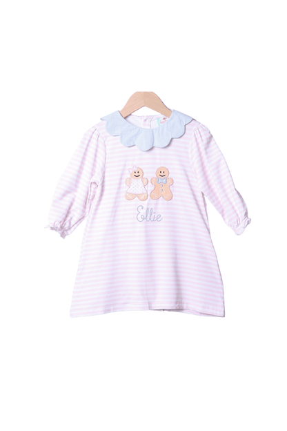 The Smocked Flamingo Apparel & Accessories Applique Gingerbread Pink Stripe Dress