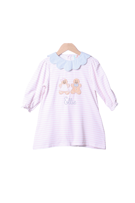 The Smocked Flamingo Apparel & Accessories Applique Gingerbread Pink Stripe Dress