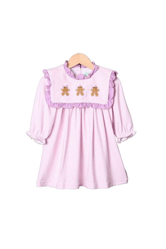 The Smocked Flamingo Apparel & Accessories Applique Gingerbread Pink Stripe Dress