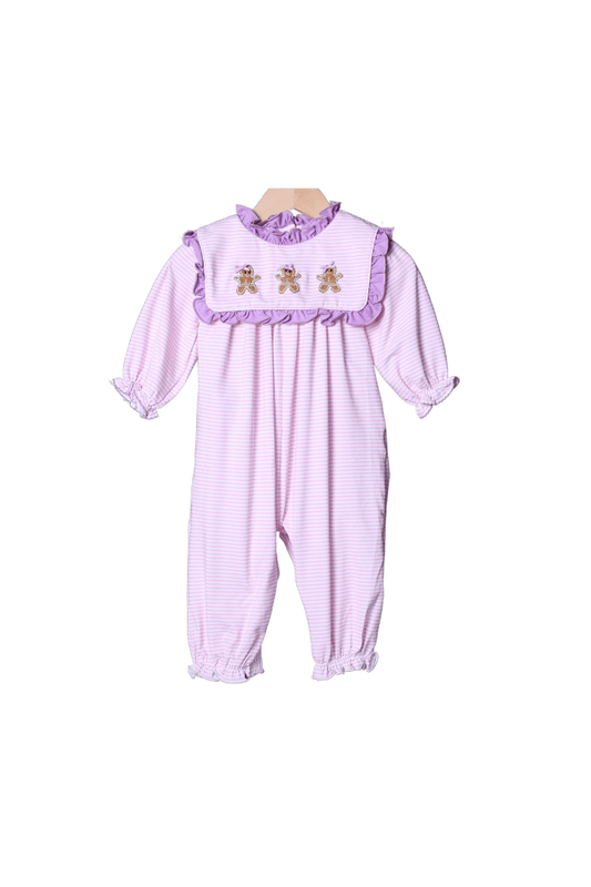 The Smocked Flamingo Apparel & Accessories Applique Gingerbread Pink Stripe Romper