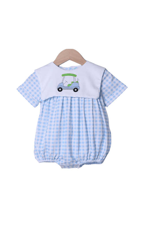 The Smocked Flamingo Apparel & Accessories Applique Golf Cart Blue Gingham Bubble