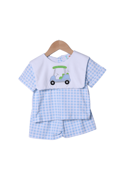 The Smocked Flamingo Apparel & Accessories Applique Golf Cart Blue Gingham Short Set