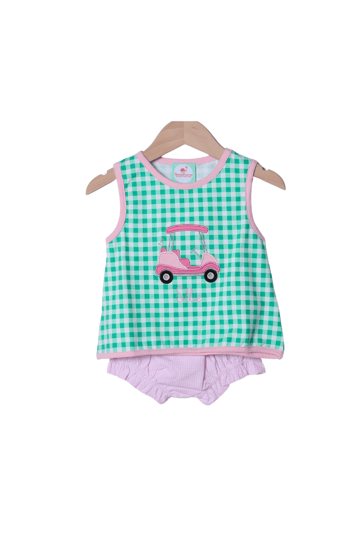 The Smocked Flamingo Apparel & Accessories Applique Golf Cart Green/Pink Gingham Bloomer Set