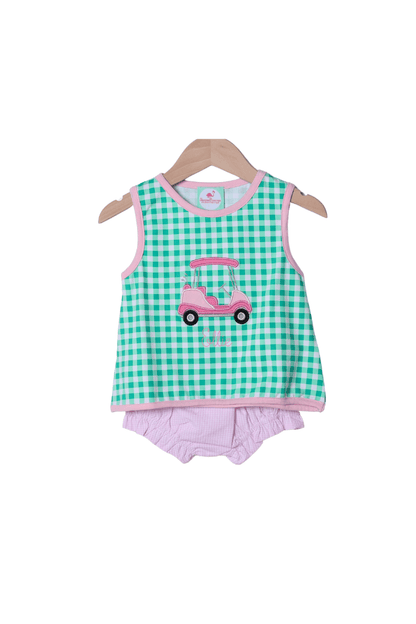 The Smocked Flamingo Apparel & Accessories Applique Golf Cart Green/Pink Gingham Bloomer Set