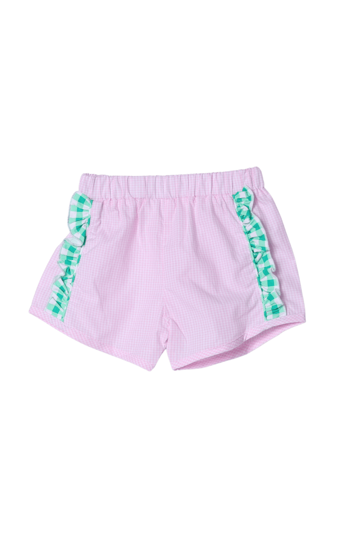 The Smocked Flamingo Apparel & Accessories Applique Golf Cart Green/Pink Gingham Short Set